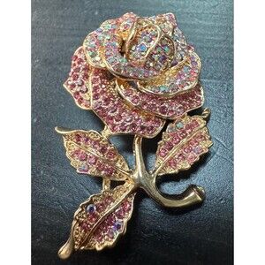 Vintage Pastel Pink Rose Flower Crystal Rhinestone Brooch Pin B40